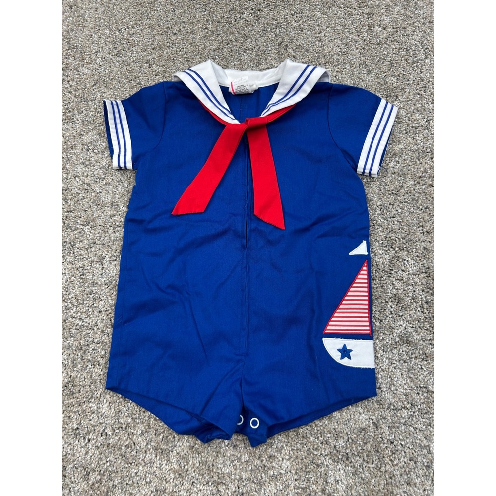 Baby Togs Vintage Nautical Sailor Romper Blue Red Sailboat 24 Months #0588
